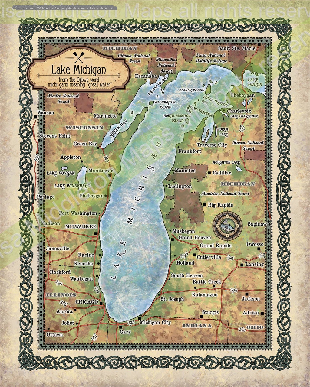 Map Of Lake Michigan Lake Michigan Lake Michigan Map Lake Art Lake House Lake | Etsy Australia