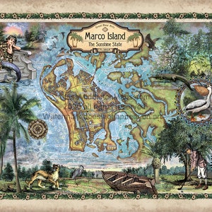 May include: Vintage map of Marco Island, Florida, featuring a detailed cartographic illustration. The map includes illustrations of a mermaid, alligator, pelican, and a golfer. The text "Marco Island, The Sunshine State, Florida" is displayed at the top.
