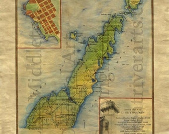 door county, Door County Map, door county art, lighthouse art, great lakes decor, wisconsin gifts, Map Art Print Poster Wall Art Poster