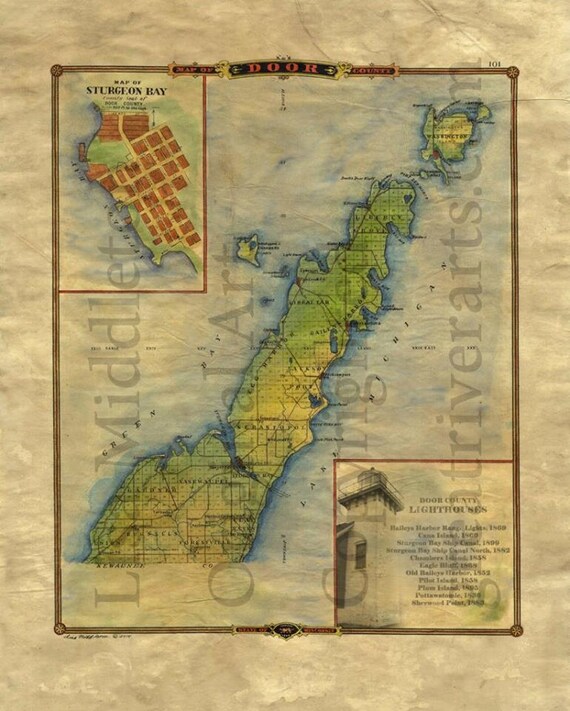 Door County Door County Map Door County Art Lighthouse Art Great Lakes Decor Wisconsin Gifts Wisconsin Art Lake Art Lake House