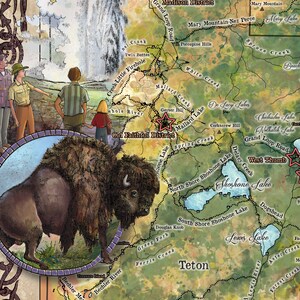Może przedstawiać: Mapa w stylu vintage Parku Narodowego Yellowstone z brązowym bizonem na pierwszym planie. Mapa pokazuje lokalizację Old Faithful, jeziora Mallard, jeziora Shoshone i jeziora Lewis. Mapa pokazuje r&oacute;wnież lokalizację r&oacute;żnych strumieni i rzek.