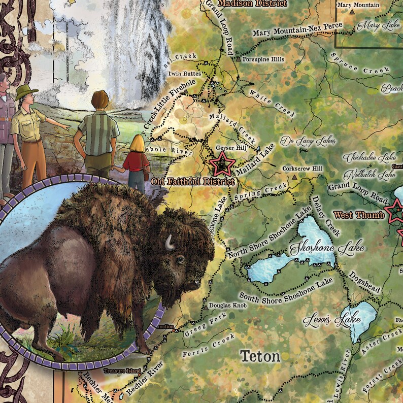 Może przedstawiać: Mapa w stylu vintage Parku Narodowego Yellowstone z brązowym bizonem na pierwszym planie. Mapa pokazuje lokalizację Old Faithful, jeziora Mallard, jeziora Shoshone i jeziora Lewis. Mapa pokazuje r&oacute;wnież lokalizację r&oacute;żnych strumieni i rzek.