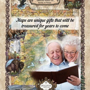 Może przedstawiać: Mapa w stylu vintage Parku Narodowego Yellowstone w Wyoming i Montanie. Mapa zawiera ilustracje bawoła, niedźwiedzia i konia. Tekst "Maps are unique gifts that will be treasured for years to come" jest wyświetlany nad mapą. Tekst "Great River Arts.com" i "LISAMIDDLETONMAPS.COM" jest wyświetlany pod mapą.