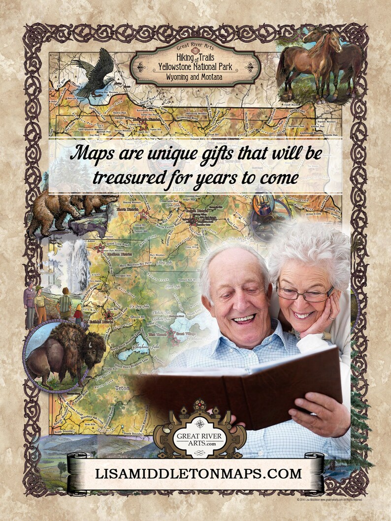 Może przedstawiać: Mapa w stylu vintage Parku Narodowego Yellowstone w Wyoming i Montanie. Mapa zawiera ilustracje bawoła, niedźwiedzia i konia. Tekst "Maps are unique gifts that will be treasured for years to come" jest wyświetlany nad mapą. Tekst "Great River Arts.com" i "LISAMIDDLETONMAPS.COM" jest wyświetlany pod mapą.