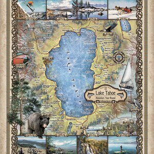 Lake Tahoe Antique Map Art Blanket Throw Soft Polar/ Silky/ Sherpa Fleece Vintage Warm Blanket For Bed Sofa Chair Dorm Gift & Travel