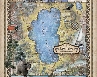 Lake Tahoe Antique Map Art Blanket Throw Soft Polar/ Silky/ Sherpa Fleece Vintage Warm Blanket For Bed Sofa Chair Dorm Gift & Travel