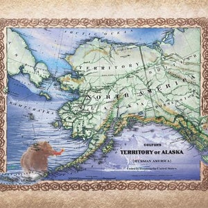 May include: An antique map of the Territory of Alaska, also known as Russian America, with a brown border and a decorative frame. The map shows the coastline of Alaska, the surrounding islands, and the interior of the territory. The map is titled "Colton's Territory of Alaska (Russian America)" and includes the text "Ceded by Russia to the United States."