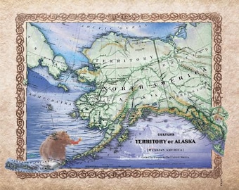 May include: An antique map of the Territory of Alaska, also known as Russian America, with a brown border and a decorative frame. The map shows the coastline of Alaska, the surrounding islands, and the interior of the territory. The map is titled "Colton's Territory of Alaska (Russian America)" and includes the text "Ceded by Russia to the United States."