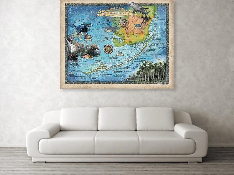 Florida Keys Scuba Diving map, Key west map, Coastal Vintage, diver, Florida Gift, Scuba Diving Gift Map Art Print Poster Wall Art Decor image 3