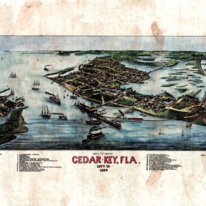 May include: An antique bird's-eye view map of Cedar Key, Florida, from 1889. The map shows the town's layout, including streets, buildings, and waterways. The map is printed in a vintage style with a faded, sepia tone.