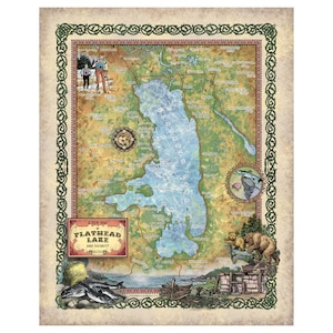 May include: A vintage-style map of Flathead Lake and its surrounding area in Montana. The map features a detailed outline of the lake, with various points of interest labeled, including towns, bays, and islands. The map is surrounded by a decorative border and includes illustrations of fish, bears, and hikers.
