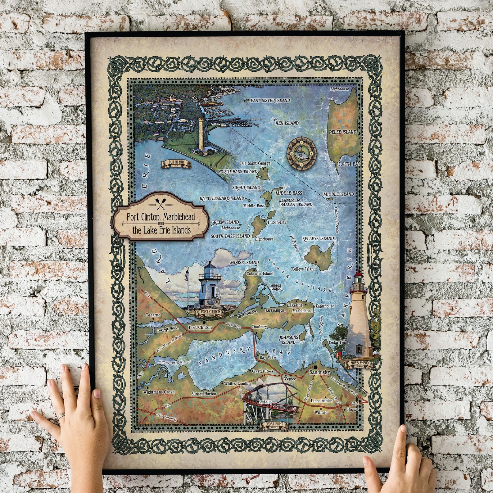 Lake Erie Map, Ohio Gifts, Vintage Poster, Put-in Bay, Kelley Island