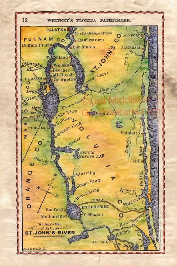 Saint Johns River Florida Map 137 Florida: Whitney's Map of the St. John's river | Etsy