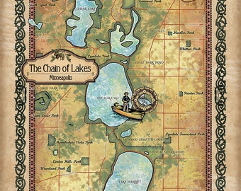 Great River Arts The Chain of Lakes Minneapolis Minnesota Map Art - Ready to Frame Lake House Decor - Art Print Lake House Cabin Decor
