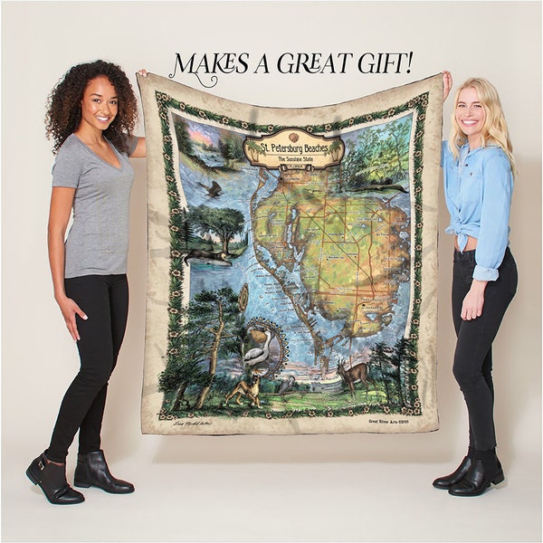 Petersburg Beaches Florida Map Blanket Double Stitched Edges Cozy Luxury Fluffy Super Soft 430 GSM Polyester Throw Blanket