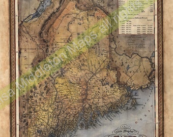 May include: An antique map of Maine, printed in brown ink on cream paper. The map shows the state's counties, rivers, and towns. The title "New Map of Maine" is printed in a decorative font at the bottom of the map.