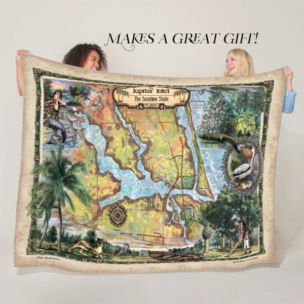 Jupiter Florida Map Blanket Double Stitched Edges Cozy Luxury Fluffy Super Soft 430 GSM Polyester Throw Blanket