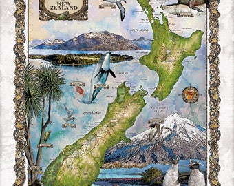 Great River Arts New Zealand Trails Map Art - Travel Map Poster - Vintage Style Art Print Map - Travel Gift for Hikers - Wall Art Home Decor