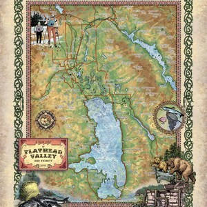 May include: A vintage-style map of Flathead Valley and Vicinity, Montana, with a detailed illustration of the lake and surrounding area. The map features a compass rose, a fishing scene, and a bear family.