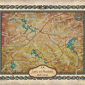 Lakes and Mountains of North Georgia, Vintage map, Vintage map art, Georgia vintage map, old map, antique maps, map vintage, map art vintage