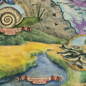 May include: A vintage illustration of a snail with a green body and a brown shell. The snail is crawling over a green hill with a red ribbon that says "OWA PLEISTOCENE SNAIL". The illustration is set against a background of a map with the words "Cedar River" and "Mississippi River Flyway".