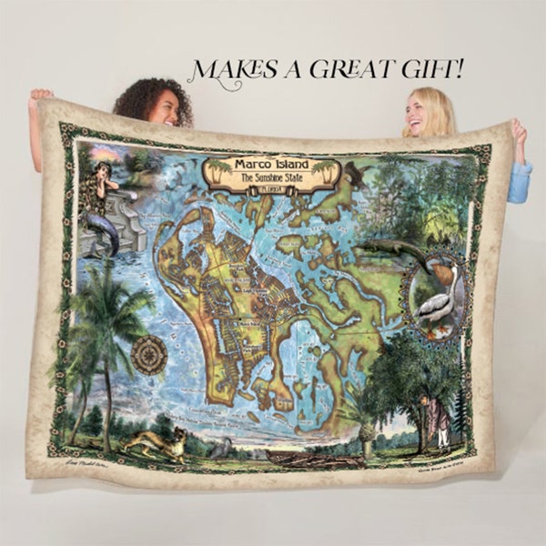 Marco Island Florida Map Blanket Double Stitched Edges Cozy Luxury Fluffy Super Soft 430 GSM Polyester Throw Blanket