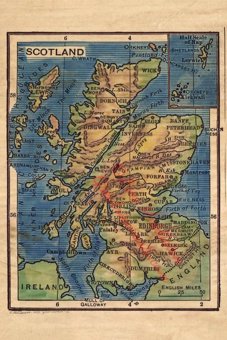 Scotland, scotland map, map scotland, scotland map print, map print scotland, map art scotland, old map scotland, scotland old map image 1