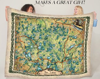 Lakes Of Vilas County Wisconsin Historic Map Art Throw Blanket Polar/ Silky/ Sherpa Fleece Vintage Blanket For Bed Sofa Couch Travel & Gift