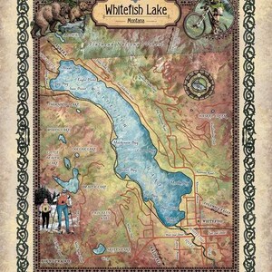 May include: A vintage-style map of Whitefish Lake in Montana, featuring a detailed illustration of the lake and surrounding area, including nearby towns, rivers, and landmarks. The map is surrounded by a decorative border and includes a small image of a cyclist in the upper right corner.