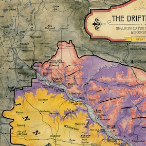 May include: A map of Wisconsin showing the Driftless Area, a region that was not covered by glaciers during the last ice age. The map is hand-drawn and features a watercolor style with shades of yellow, orange, pink, purple, and blue. The map includes the names of various cities and towns in the region, as well as the names of rivers and lakes.