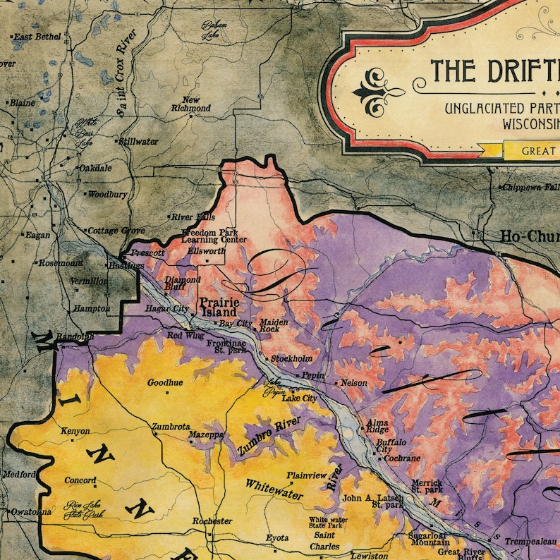 May include: A map of Wisconsin showing the Driftless Area, a region that was not covered by glaciers during the last ice age. The map is hand-drawn and features a watercolor style with shades of yellow, orange, pink, purple, and blue. The map includes the names of various cities and towns in the region, as well as the names of rivers and lakes.