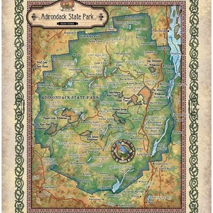 Adirondack State Park NY Historic Map Art Print Poster Vintage Artwork Wall Decor For Home Office Livingroom Classroom Lakehouse Decor Gift