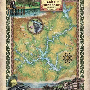 Lake Sinclair, sinclair lake, lake sinclair map, old maps georgia, wall art, sinclair cabin decor, large wall map art, lake gift, lake house image 1