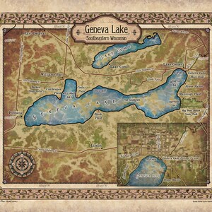 Geneva Lake Wisconsin, Wisconsin gifts, lake geneva map, lake art, lake decor, rustic decor, cabin decor, lake house art, wisconsin art, map