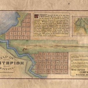 136 Montana Whitefish Townsite 1907 Vintage map,Vintage map art,Montana vintage map,old map,antique maps,map vintage,montana map,coastal art image 1