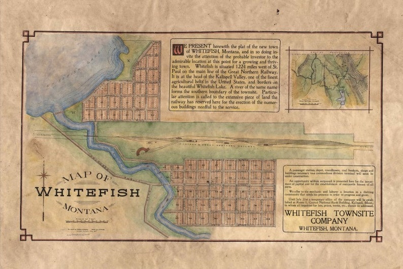 136 Montana Whitefish Townsite 1907 Vintage map,Vintage map art,Montana vintage map,old map,antique maps,map vintage,montana map,coastal art image 1