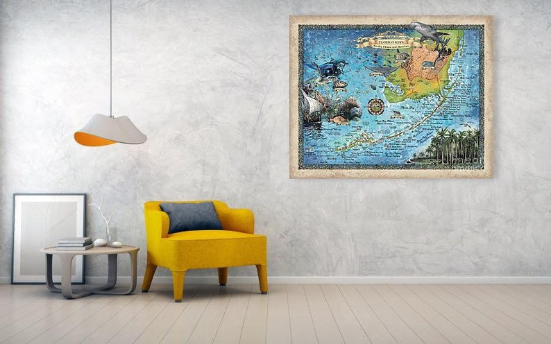 Florida Keys Scuba Diving map, Key west map, Coastal Vintage, diver, Florida Gift, Scuba Diving Gift Map Art Print Poster Wall Art Decor image 4