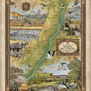 May include: A vintage-style map of the Bosque del Apache National Wildlife Refuge in New Mexico. The map shows the different types of wildlife that can be found in the refuge, including birds, mammals, and reptiles. The map is divided into four sections, representing the four seasons. The map is surrounded by a decorative border.