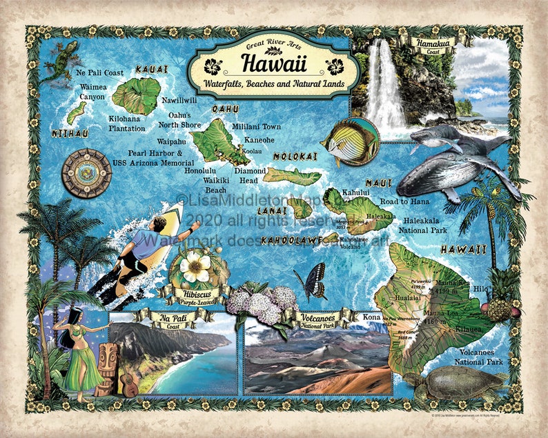 Hawaii Gift, Surfing Gift, Beach House Gift, Hawaii Map, Hawaii Art, Surfing Print, Surfing Decor, Surfing Art, Hawaii Print Wall Art image 1