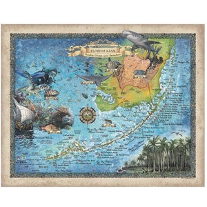 Florida Keys Scuba Diving map, Key west map, Coastal Vintage, diver, Florida Gift, Scuba Diving Gift Map Art Print Poster Wall Art Decor image 1