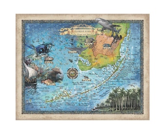 Florida Keys Scuba Diving map, Key west map, Coastal Vintage, diver, Florida Gift, Scuba Diving Gift Map Art Print Poster Wall Art Decor