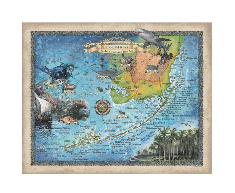 Florida Keys Scuba Diving map, Key west map, Coastal Vintage, diver, Florida Gift, Scuba Diving Gift Map Art Print Poster Wall Art Decor image 1