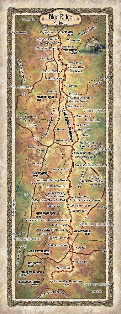 Blue Ridge Parkway Historic Map Reproduction Artwork Wall Art Print ...