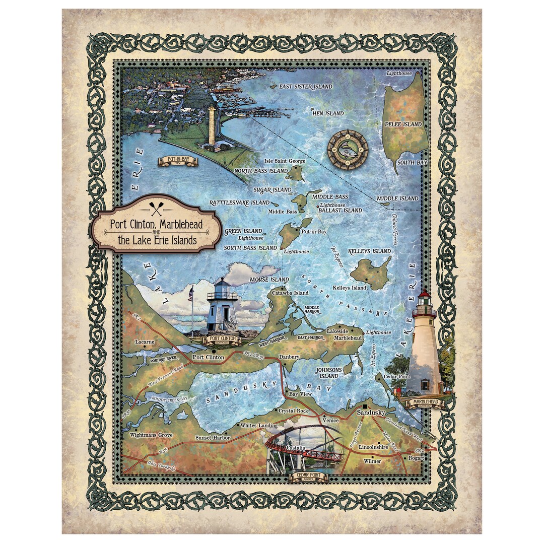 Port Clinton Marblehead and Lake Erie Islands Map Art Print Poster Artwork Vintage Style