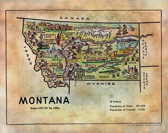 Kid's Montana Antique Map Art Blanket Throw Polar/Silky/Sherpa Fleece Vintage Artwork Blanket For Bed Sofa Couch Chair & Winter Travel Gift