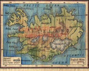 May include: A vintage map of Iceland with a light blue, green, and brown color scheme. The map shows the island's coastline, major cities, and geographical features, including glaciers, lava fields, and mountains. The map is titled "Iceland" and includes a scale bar labeled "English Miles".