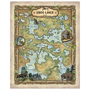Cisco Lakes Wisconsin and Michigan Upper Peninsula Map Art Print Poster Artwork Vintage Style Abstract Wall-Unframed Great Home Decor & Gift