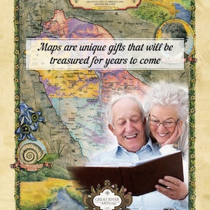 May include: A vintage-style map of the Driftless Region, a geographical area in the Midwestern United States. The map is surrounded by a floral border and features a quote by Mark Twain: "Maps are unique gifts that will be treasured for years to come."