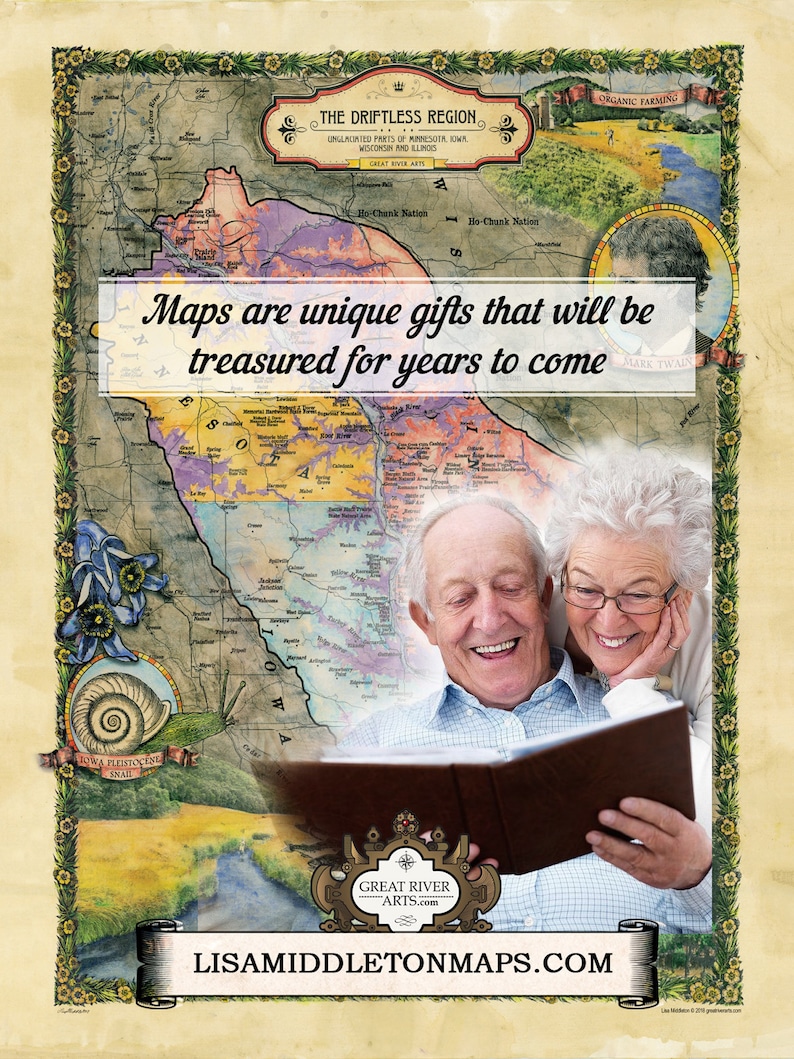 May include: A vintage-style map of the Driftless Region, a geographical area in the Midwestern United States. The map is surrounded by a floral border and features a quote by Mark Twain: "Maps are unique gifts that will be treasured for years to come."
