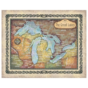 Great lakes map, lake superior, Michigan, Erie, Huron, Canada map, lake art, rustic decor, great lakes decor, cabin art, lake art, wall map